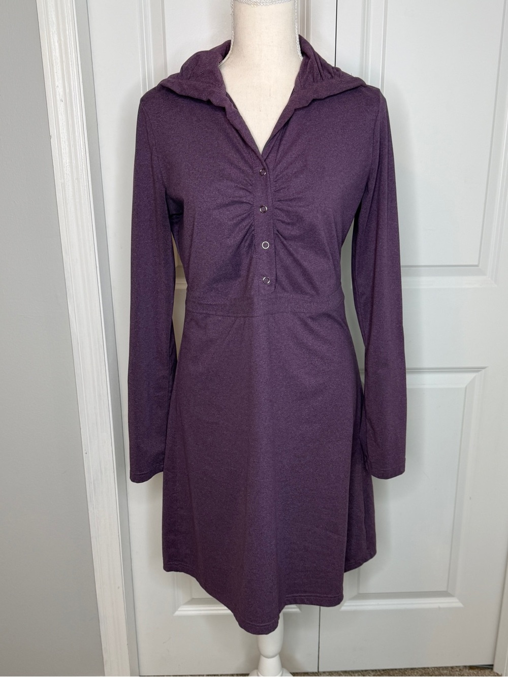Tehama Purple Heather Ruched Shirt Dress Small Roll Tab Cuffs Travel Athleisure